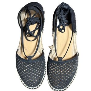 Frye Leo Lace Up Espadrilles Flats Perforated Black Leather Size‎ 7.5